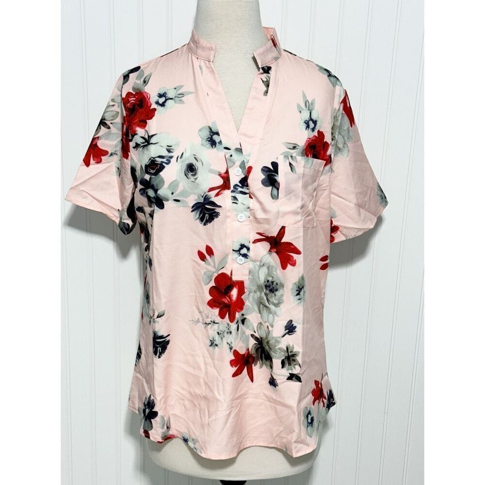 Women's‎ Polyester Floral Print Split Neck Short Sleeve Top Pink Size Large